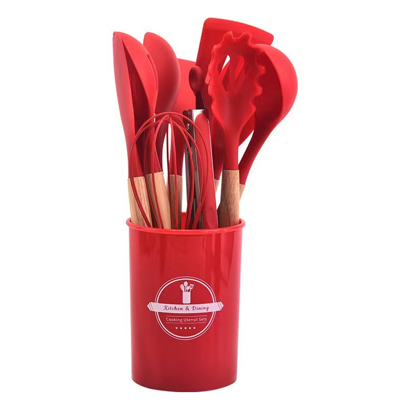 12-Piece Silicone Kitchen Utensil Set with Wooden Handles