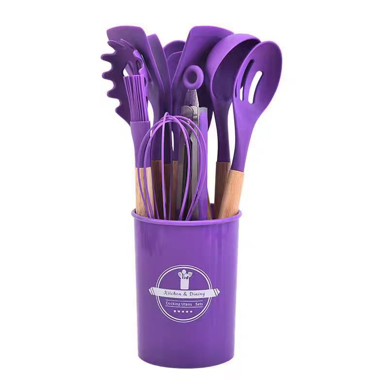 12-Piece Silicone Kitchen Utensil Set with Wooden Handles