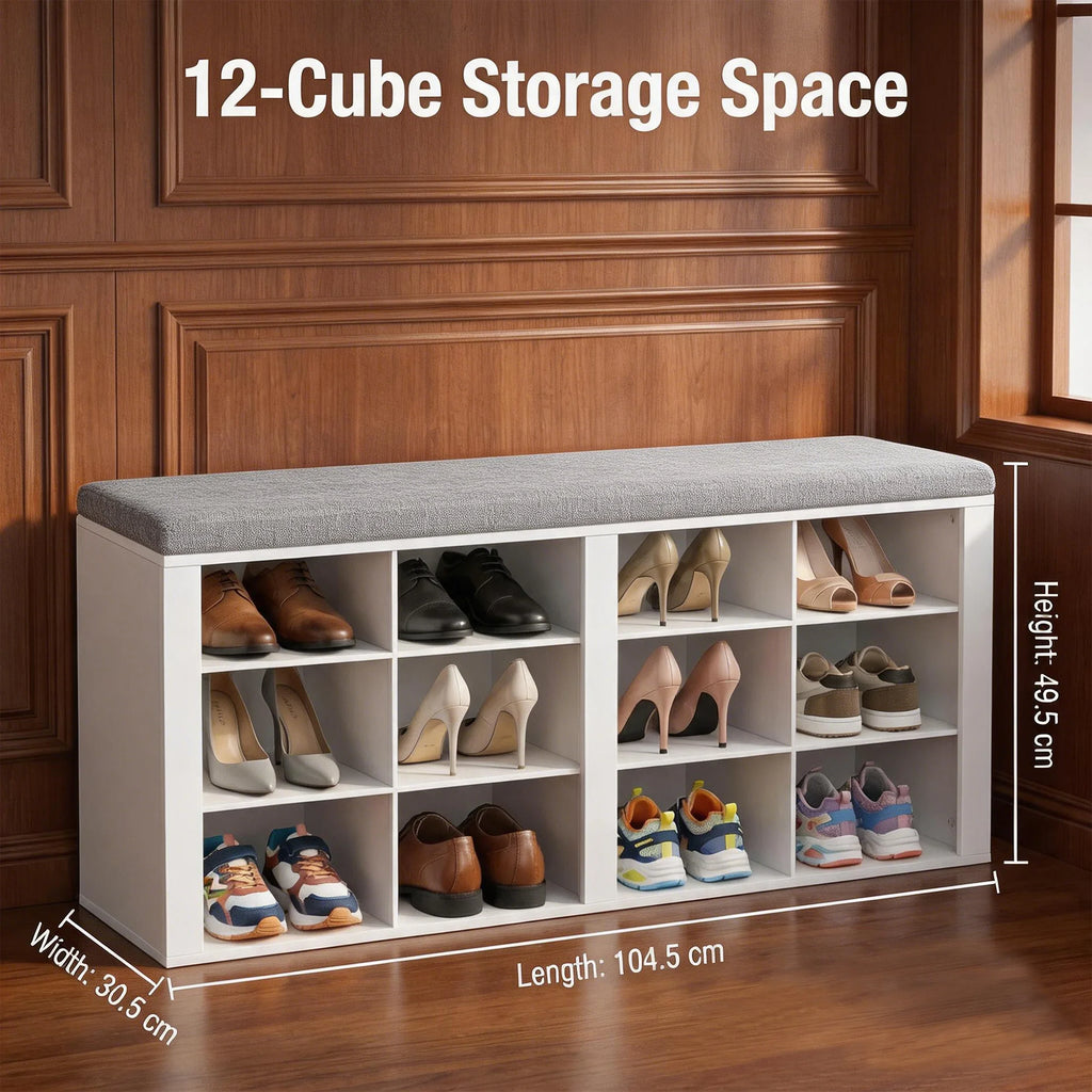Shoe Storage Bench with Cushion — 12 Cubbies, Entryway Seat