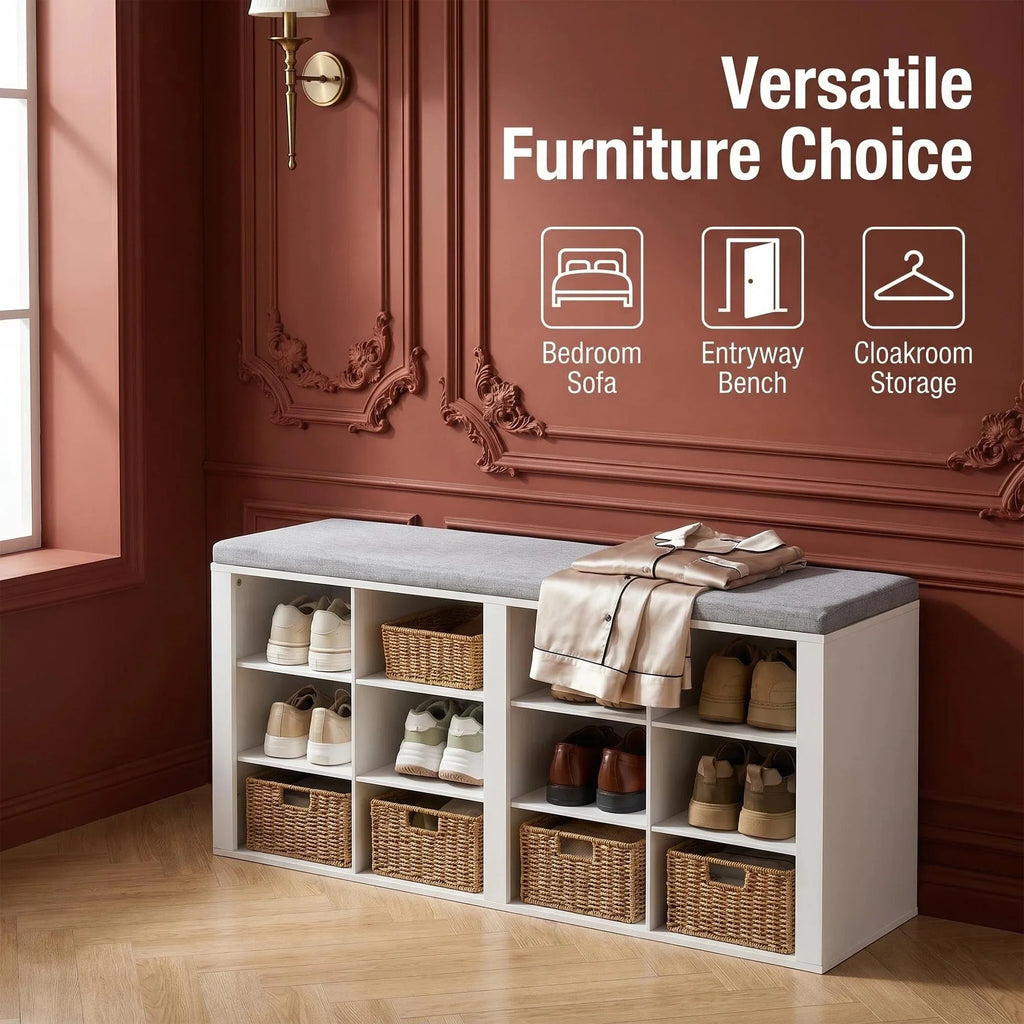 Shoe Storage Bench with Cushion — 12 Cubbies, Entryway Seat