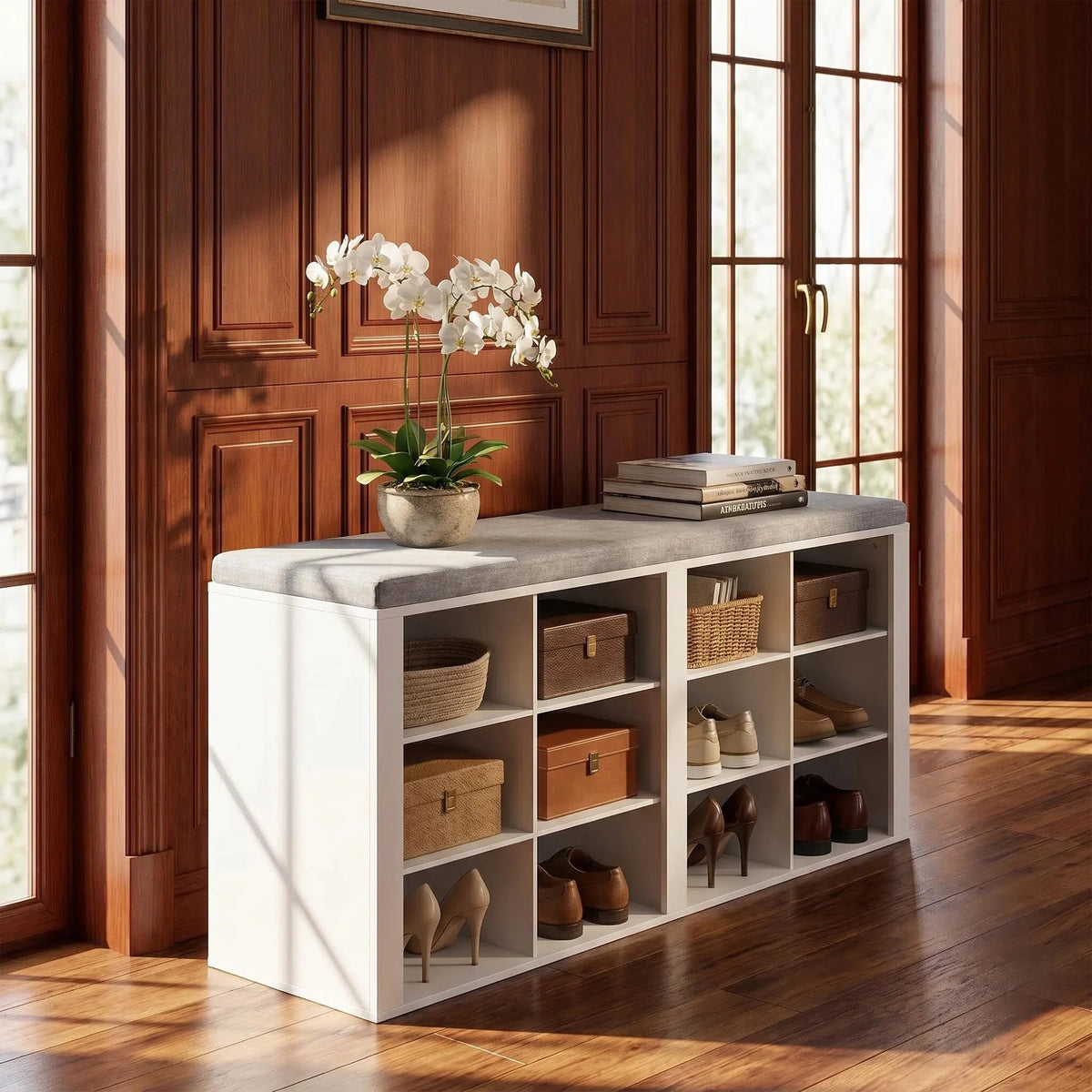 Shoe Storage Bench with Cushion — 12 Cubbies, Entryway Seat