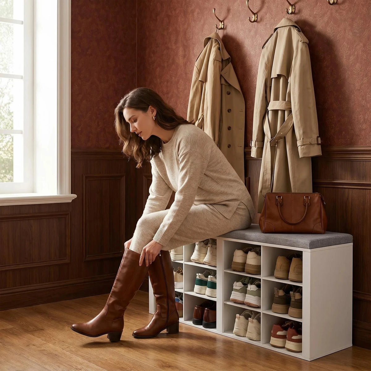 Shoe Storage Bench with Cushion — 12 Cubbies, Entryway Seat