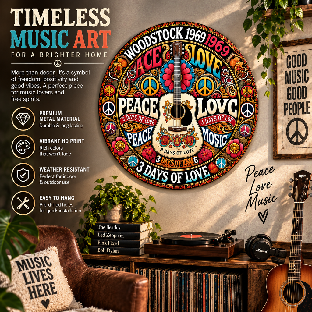 Retro Peace & Love Guitar Wall Art