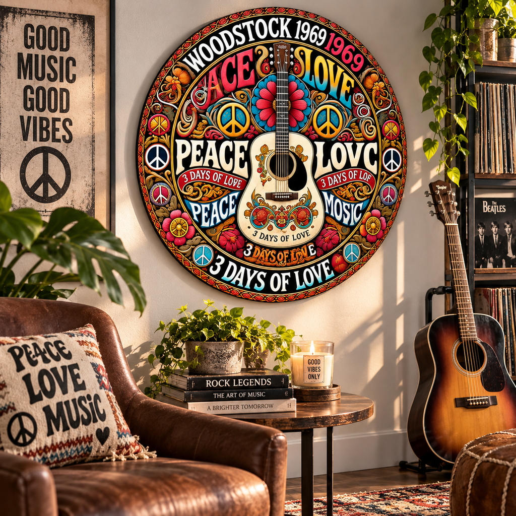 Retro Peace & Love Guitar Wall Art