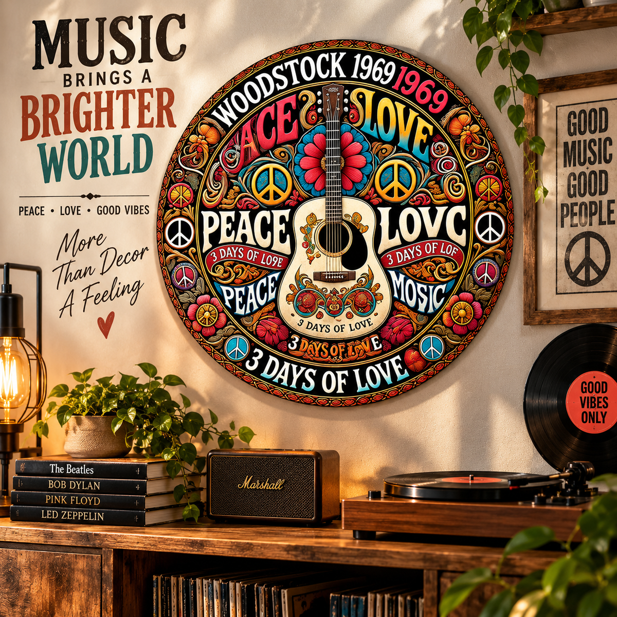 Retro Peace & Love Guitar Wall Art