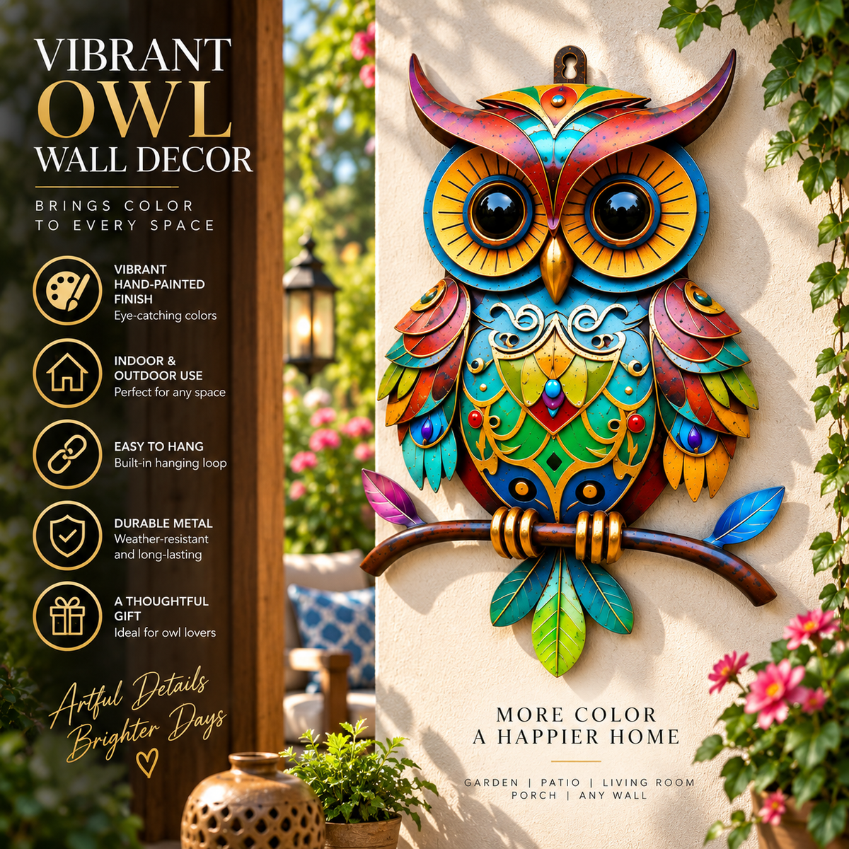 Vibrant Folk-Art Metal Owl Wall Décor
