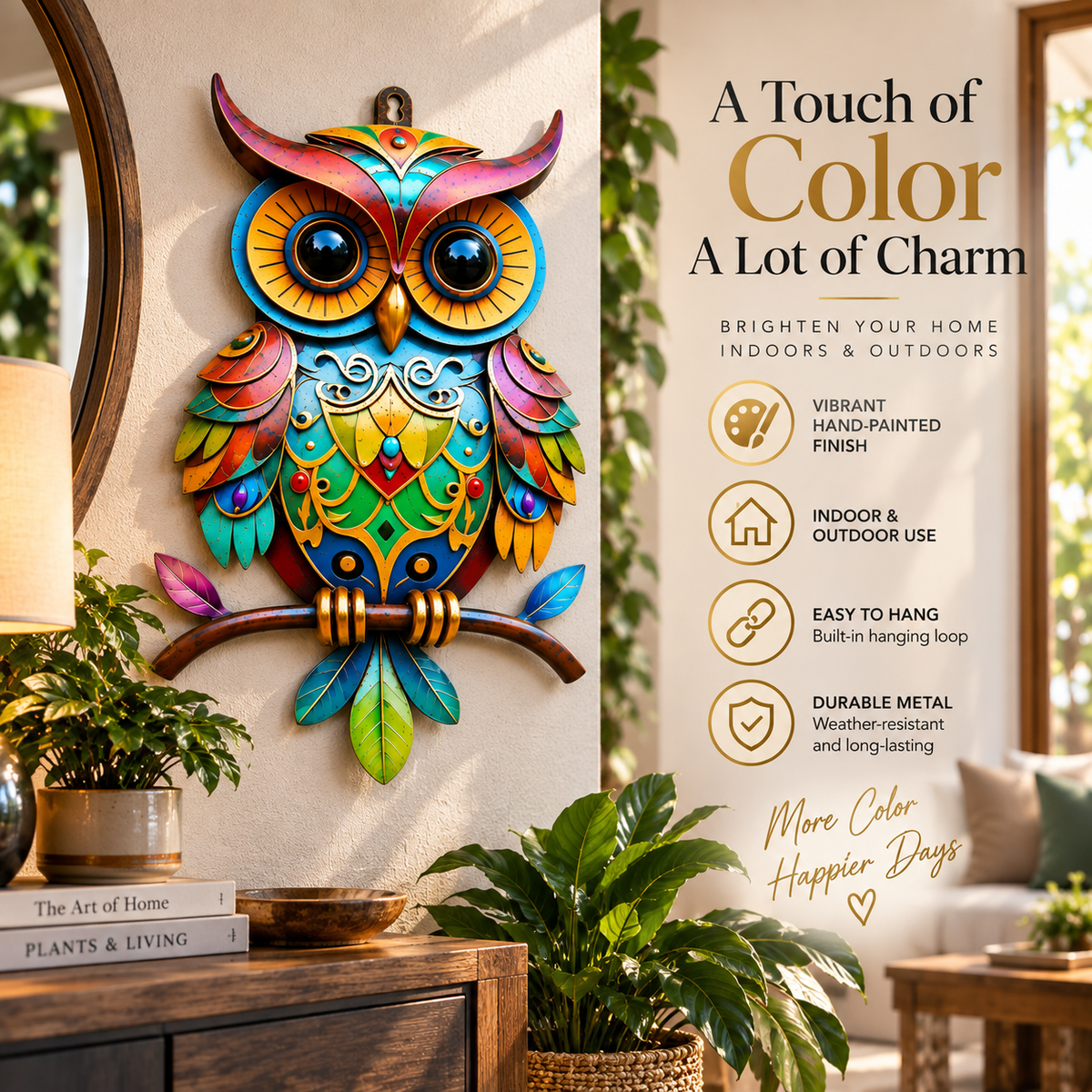 Vibrant Folk-Art Metal Owl Wall Décor
