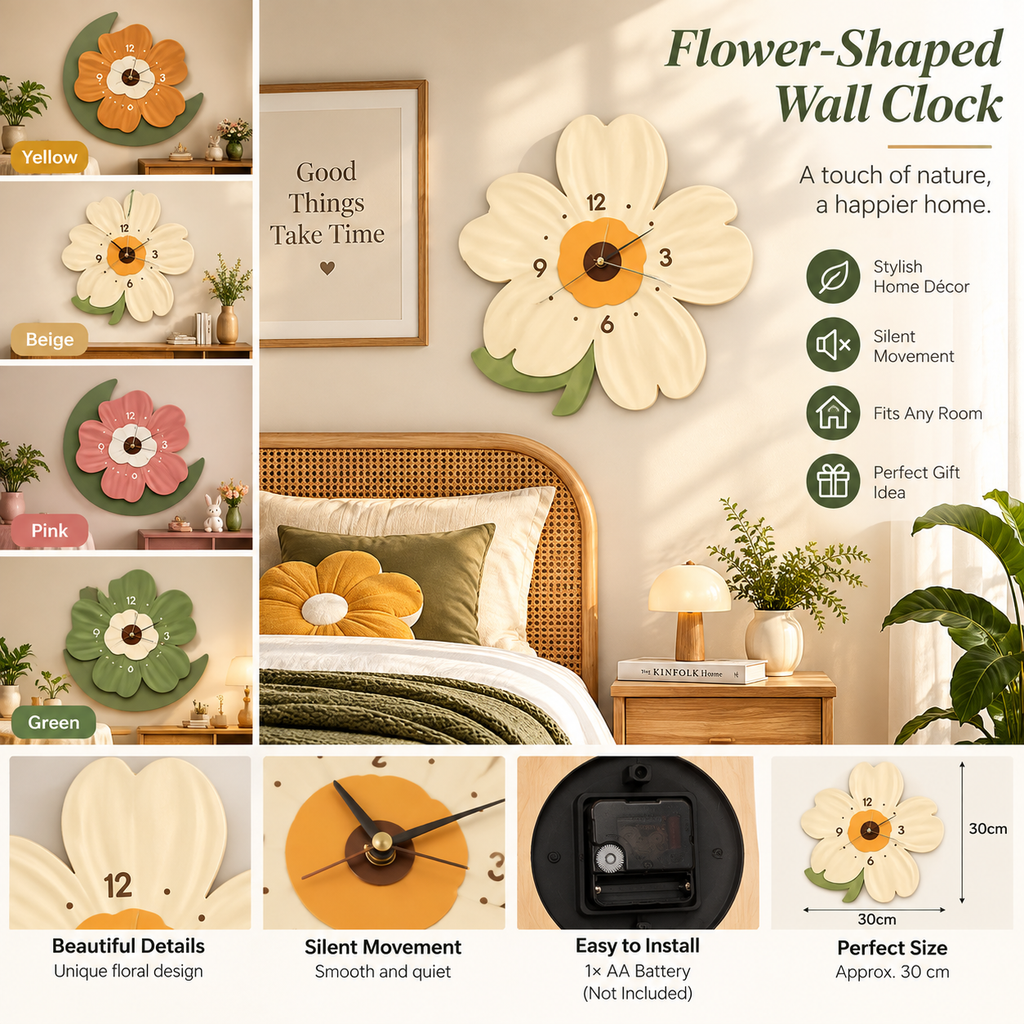 Flower-Shaped Wall Clock – Elegant Colorful Accent