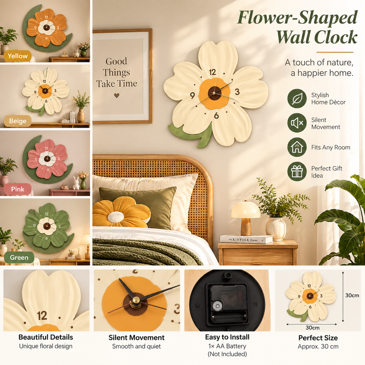 Flower-Shaped Wall Clock – Elegant Colorful Accent