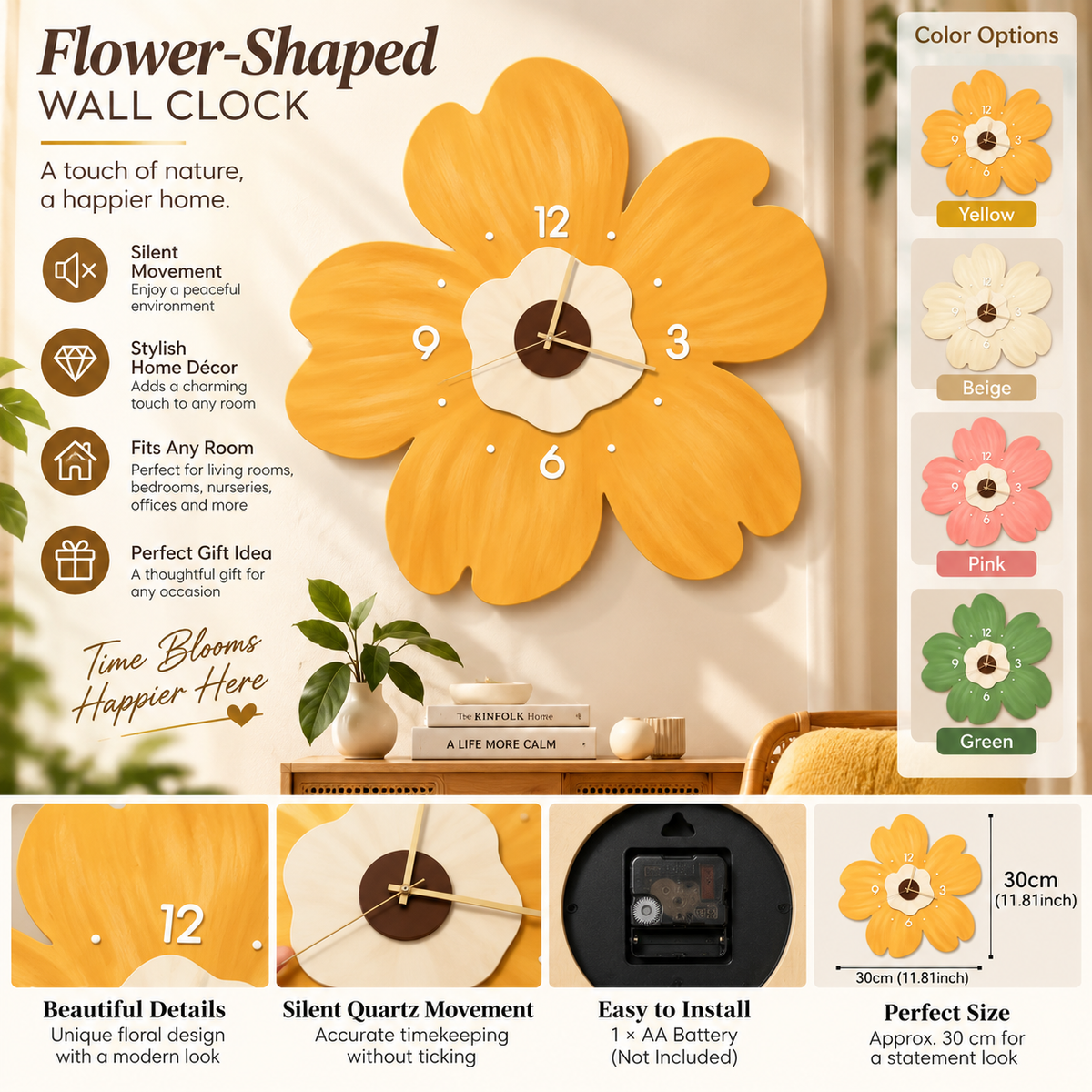 Flower-Shaped Wall Clock – Elegant Colorful Accent