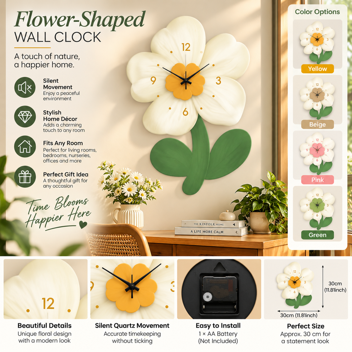 Flower-Shaped Wall Clock – Elegant Colorful Accent
