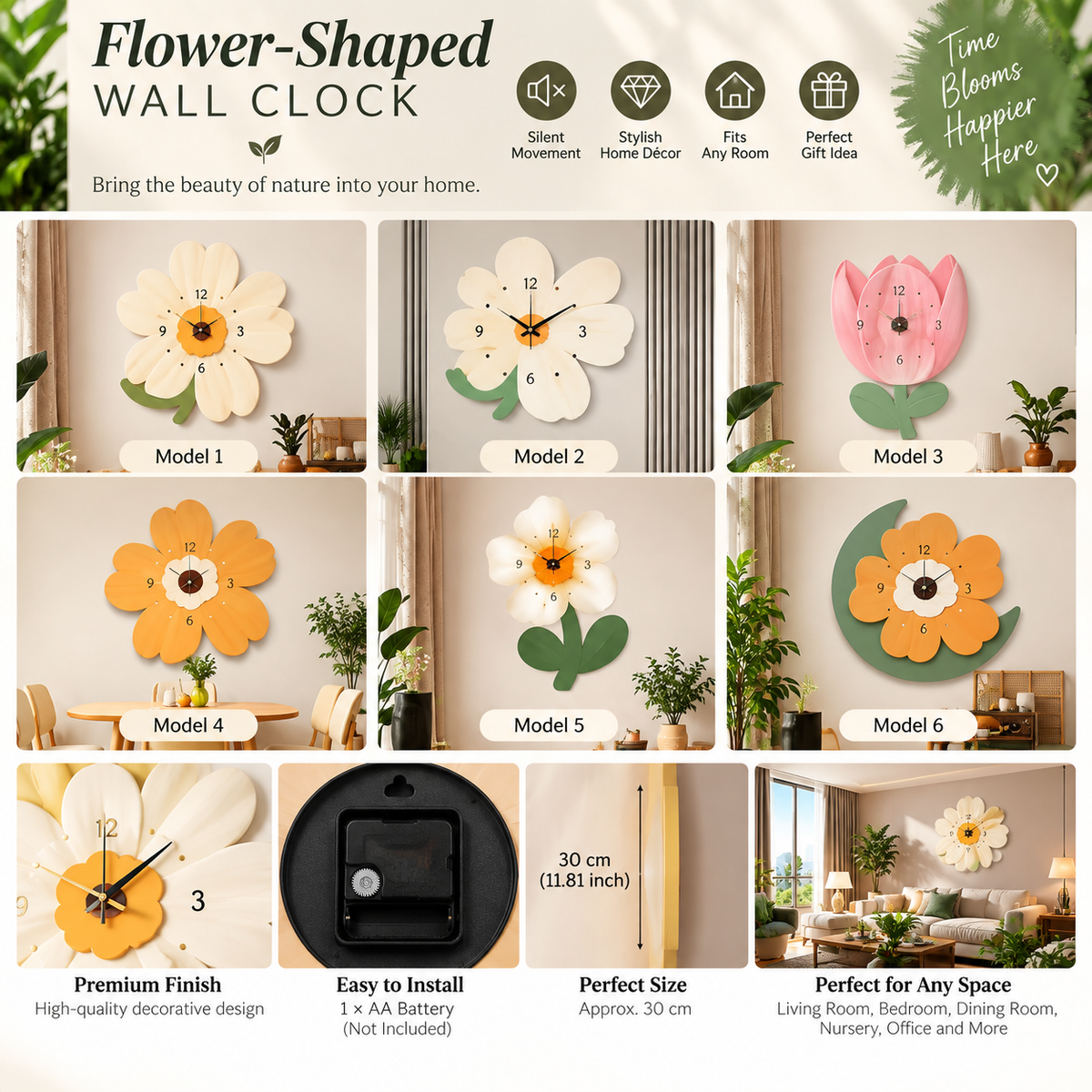 Flower-Shaped Wall Clock – Elegant Colorful Accent