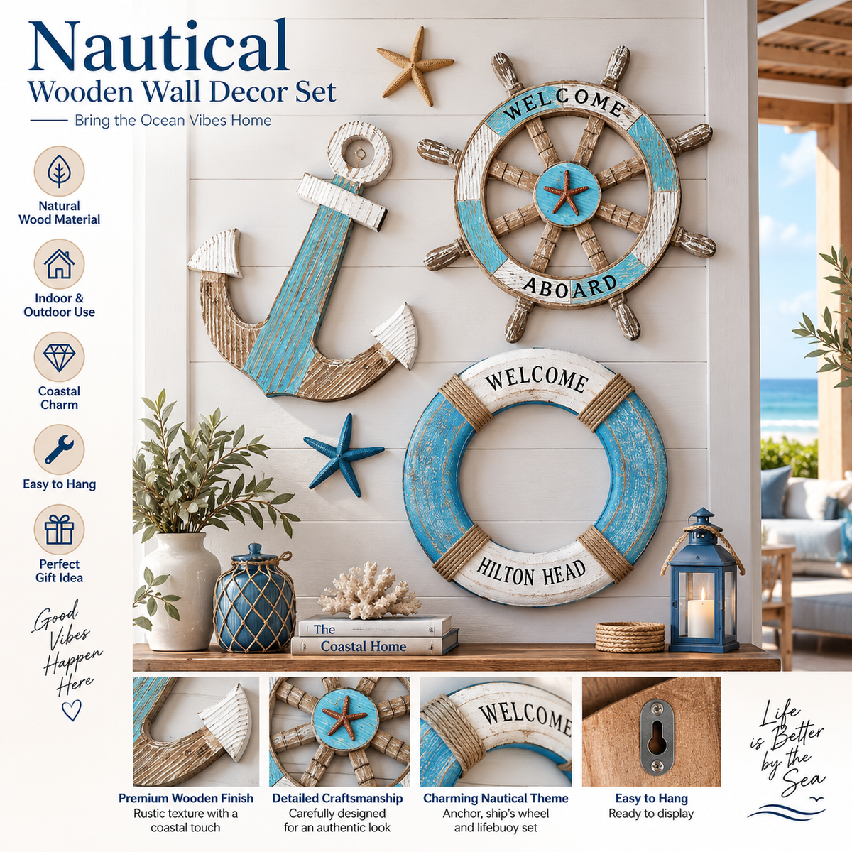 Nautical Wooden Wall Décor Set – Coastal-Inspired Accent