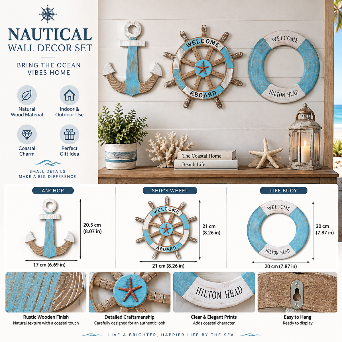 Nautical Wooden Wall Décor Set – Coastal-Inspired Accent