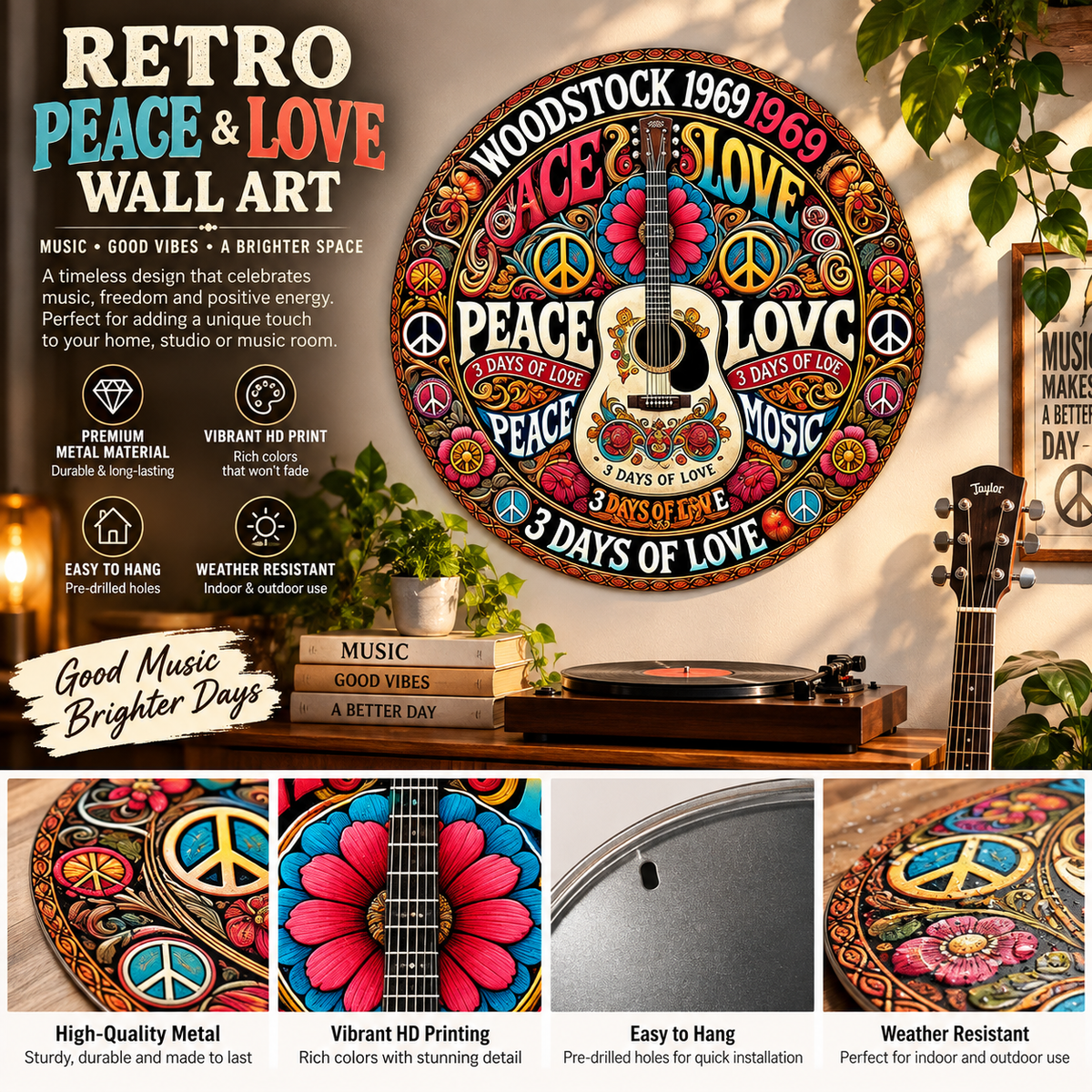 Retro Peace & Love Guitar Wall Art