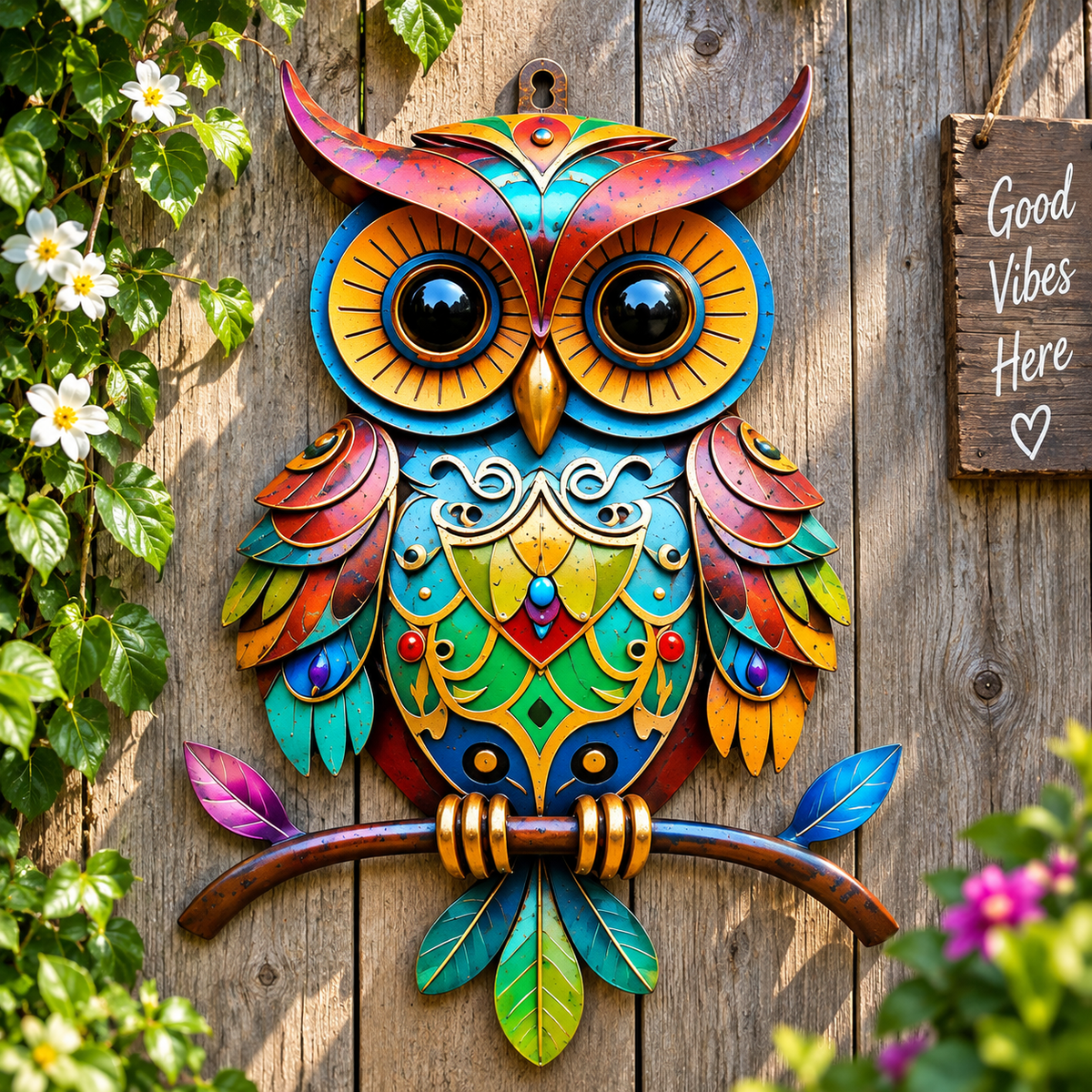 Vibrant Folk-Art Metal Owl Wall Décor
