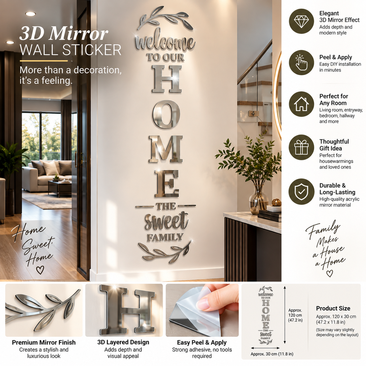 3D Mirror “Family” Wall Sticker – Elegant Home Accent