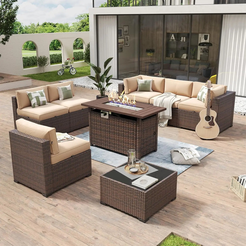 8-Piece Rattan Patio Set with 44" Propane Fire Pit Table