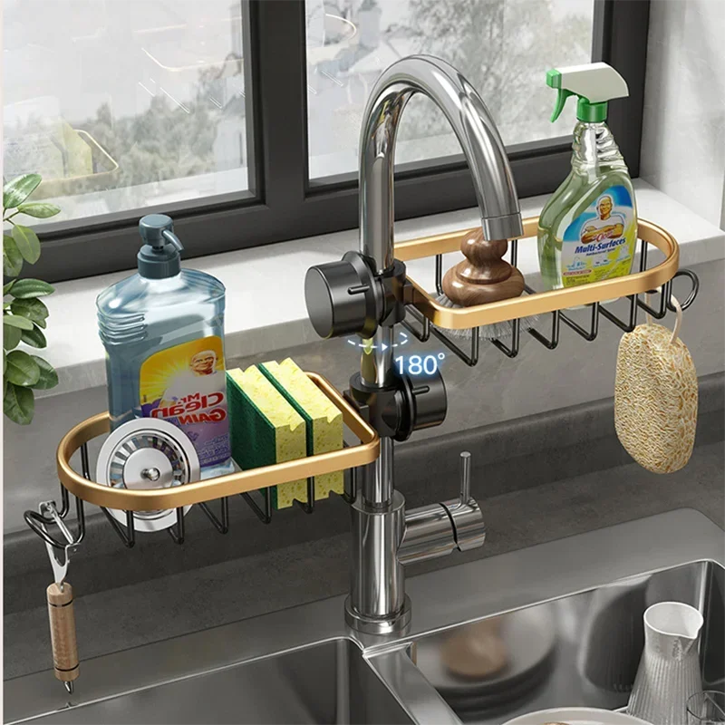 180° Rotating Aluminum Faucet Organizer Rack – Space-Saving Kitchen & Bathroom Storage