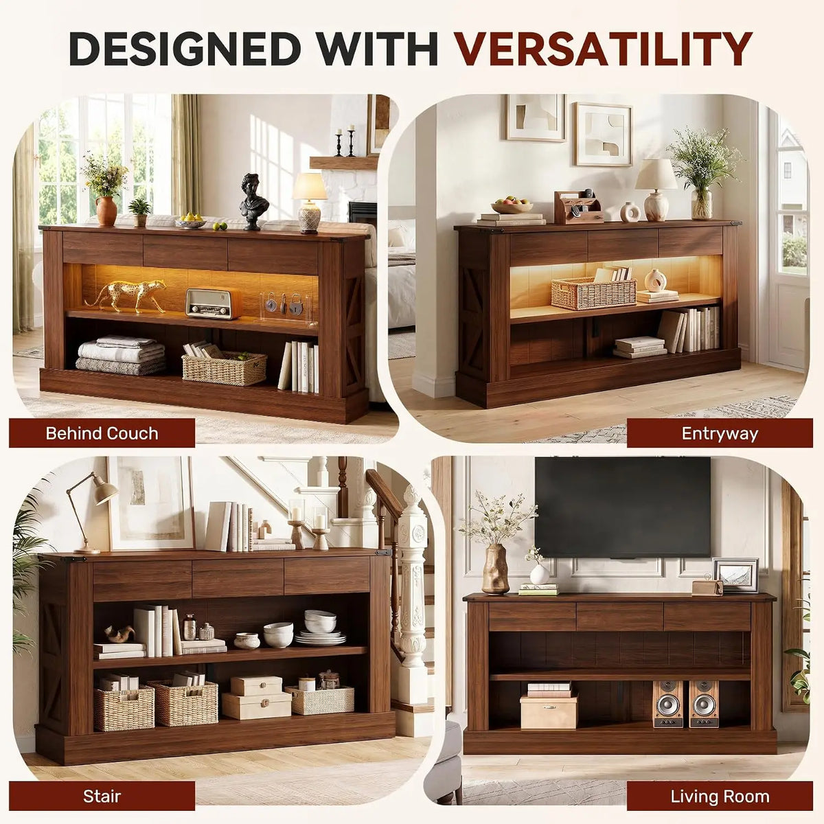 63" Walnut Console Table with 3 Drawers & LED Light
