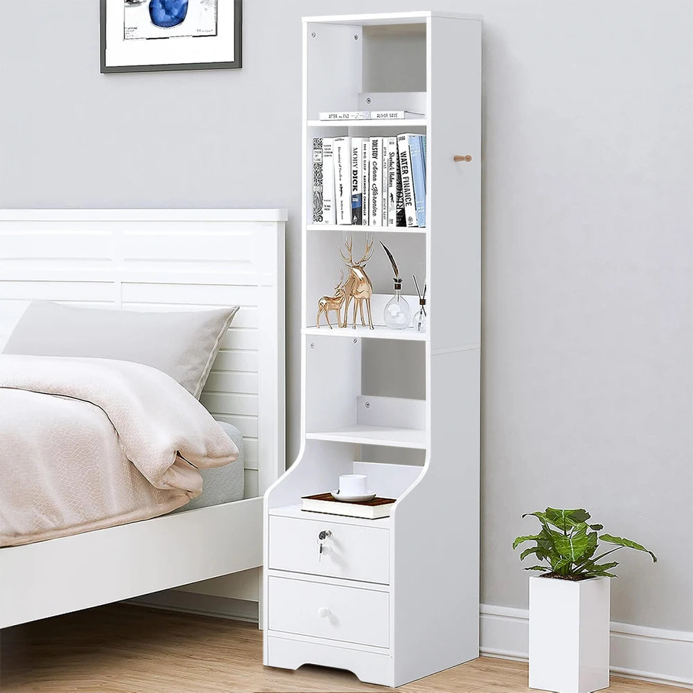 Slim White Storage Cabinet — 3-Tier Shelf & Lockable Drawer