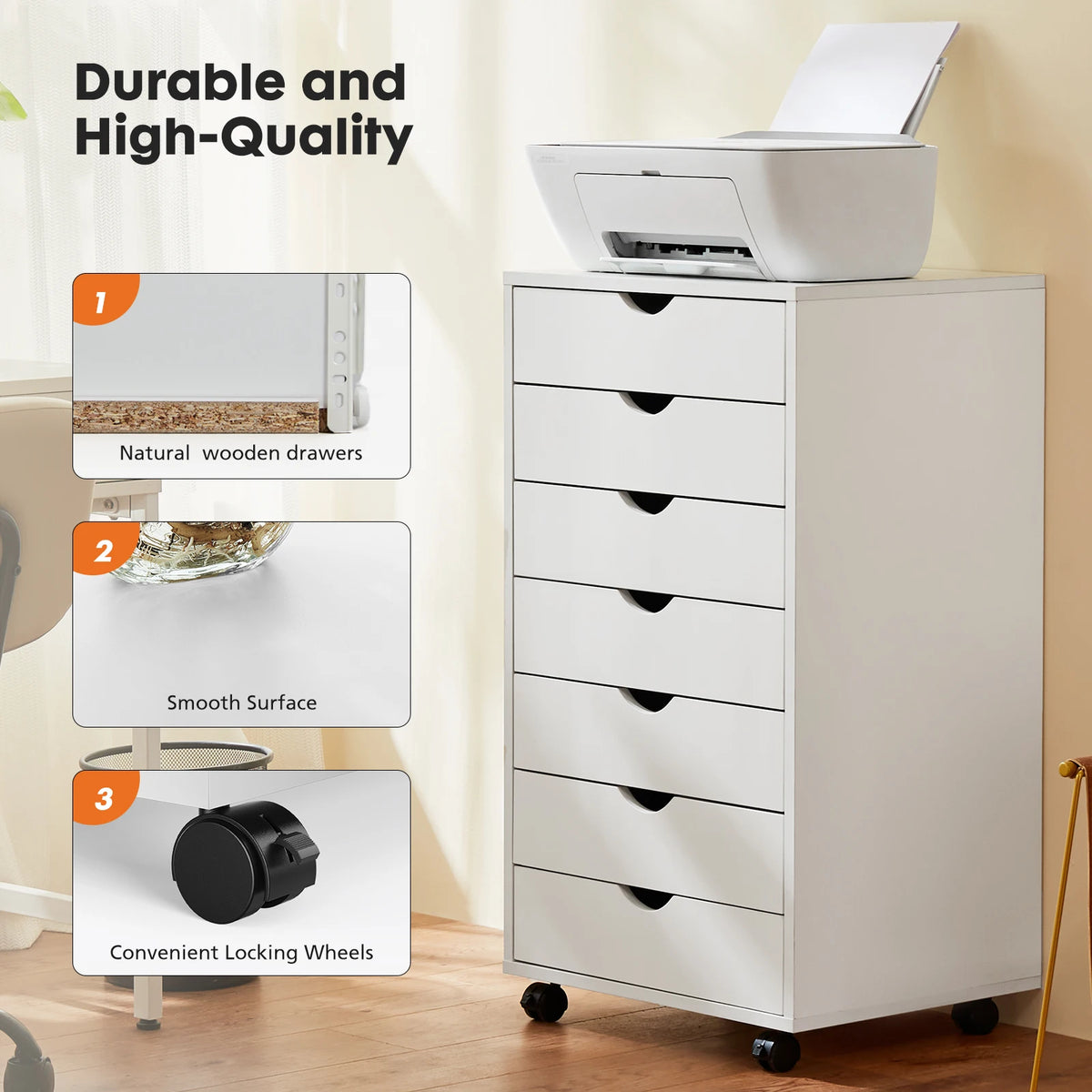 7-Drawer Storage Dresser on Wheels — Slim Wood Organizer Cabinet