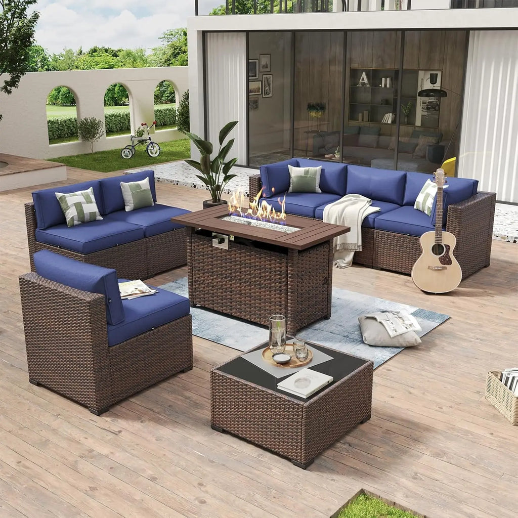 8-Piece Rattan Patio Set with 44" Propane Fire Pit Table