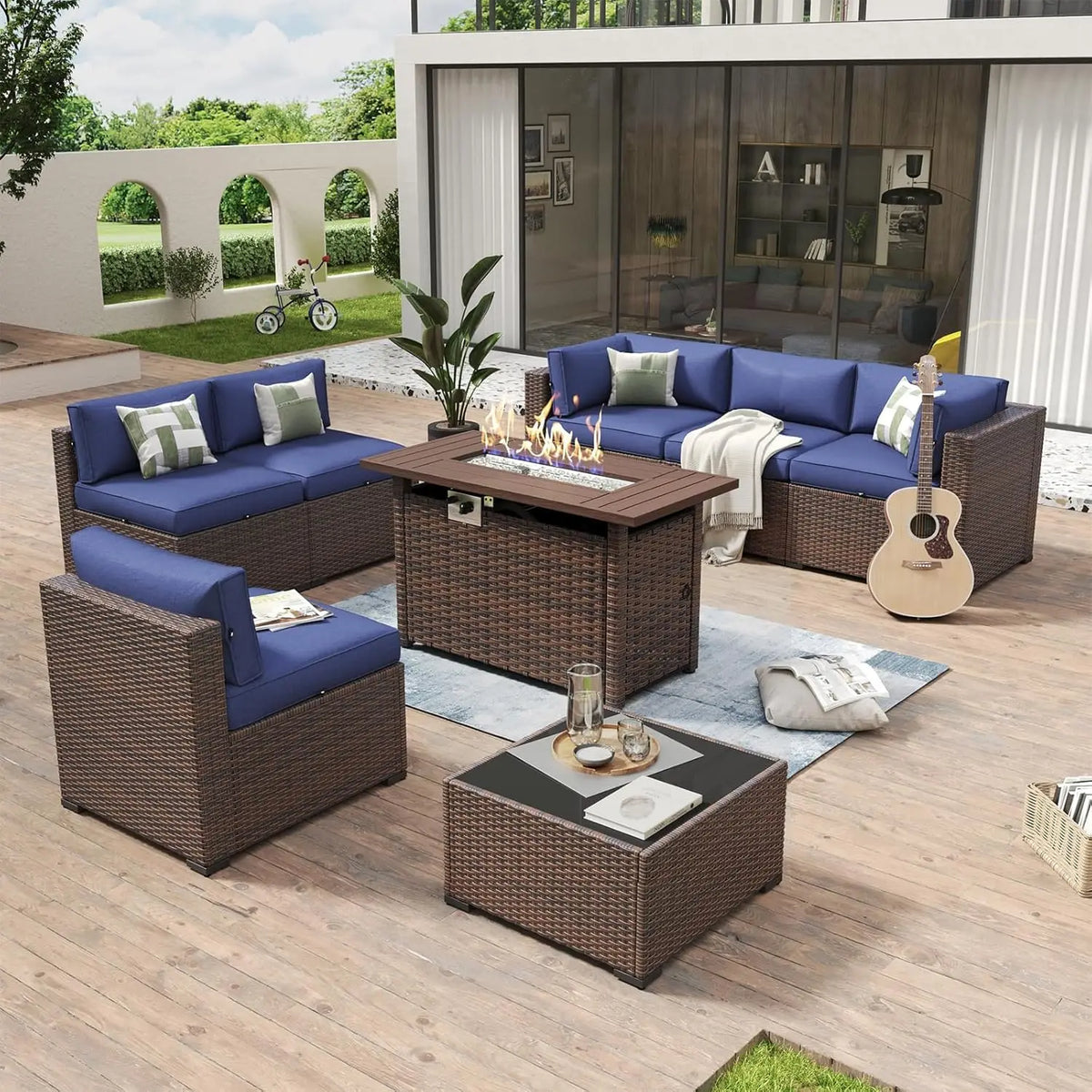8-Piece Rattan Patio Set with 44" Propane Fire Pit Table