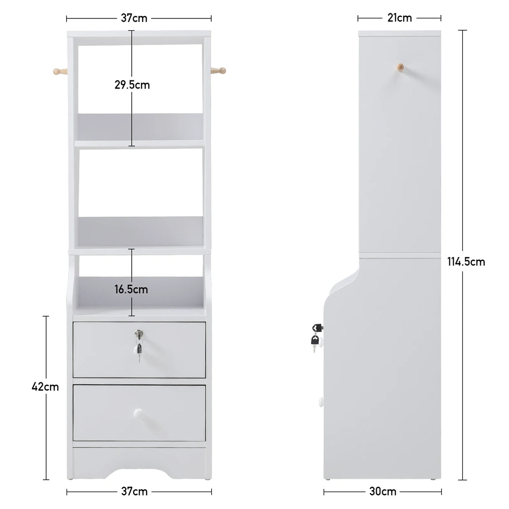 Slim White Storage Cabinet — 3-Tier Shelf & Lockable Drawer