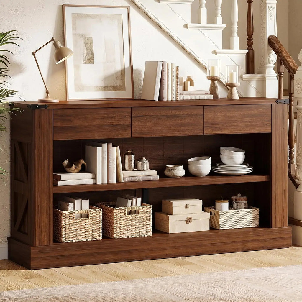 63" Walnut Console Table with 3 Drawers & LED Light