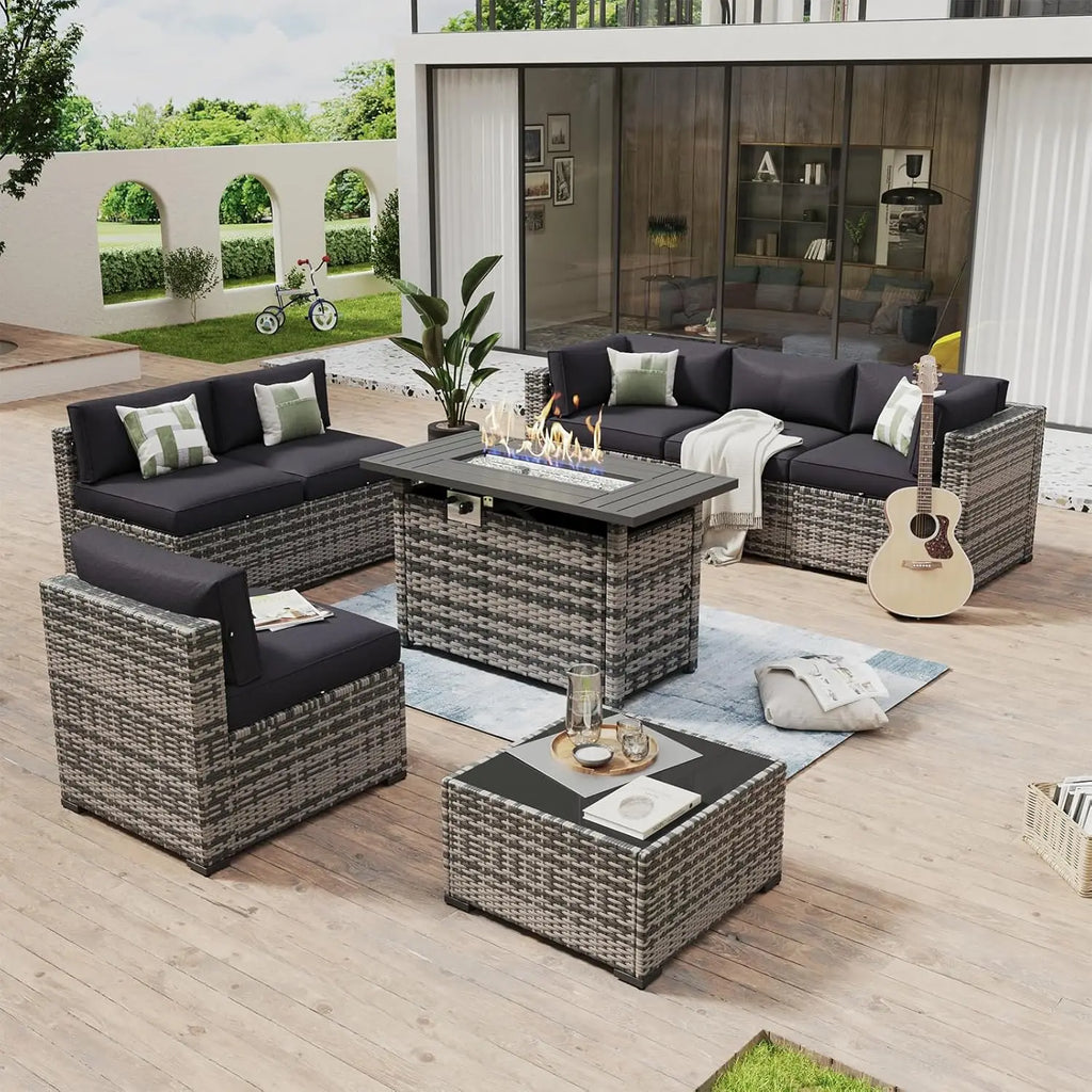 8-Piece Rattan Patio Set with 44" Propane Fire Pit Table