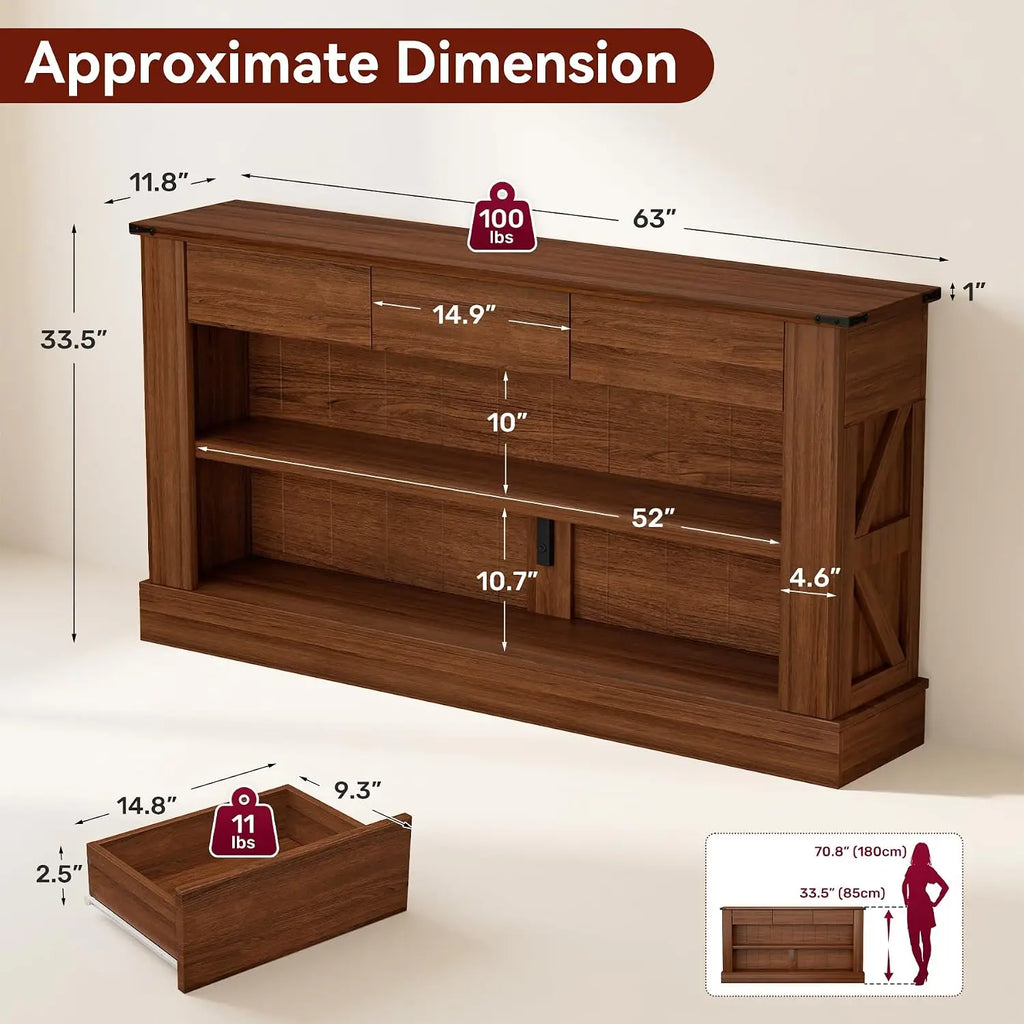 63" Walnut Console Table with 3 Drawers & LED Light