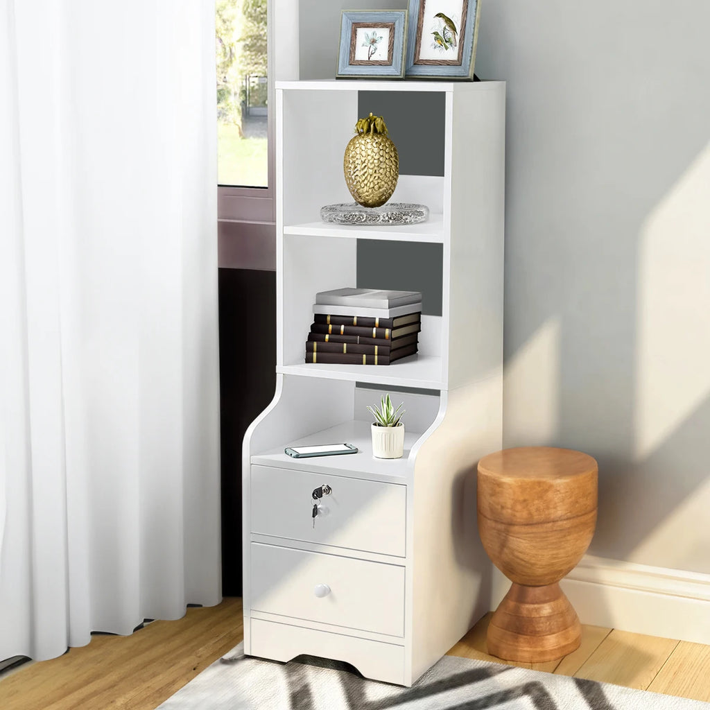 Slim White Storage Cabinet — 3-Tier Shelf & Lockable Drawer