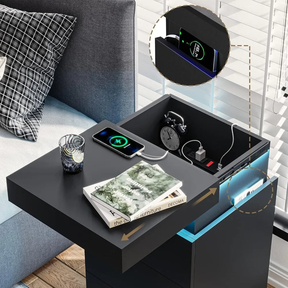 Smart Nightstand with Charging Station, LED Light & Storage