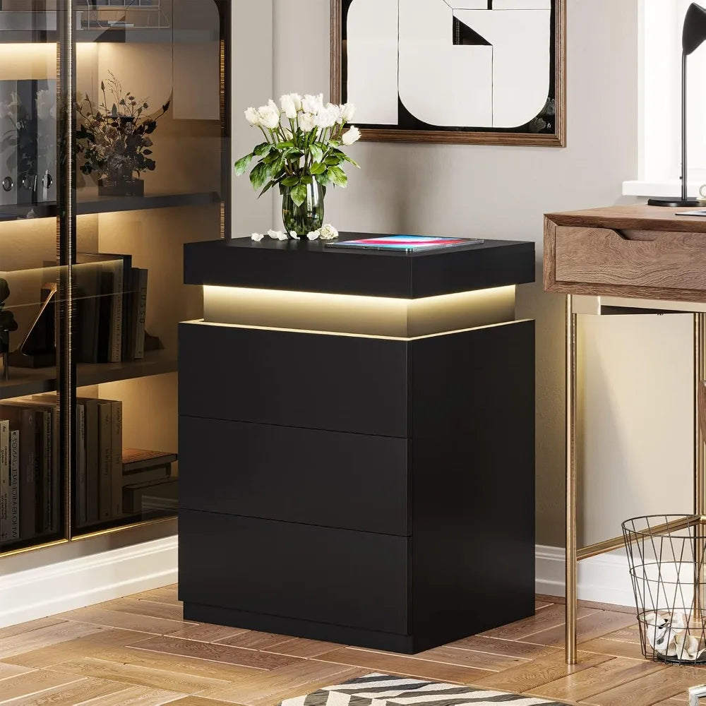 Smart Nightstand with Charging Station, LED Light & Storage