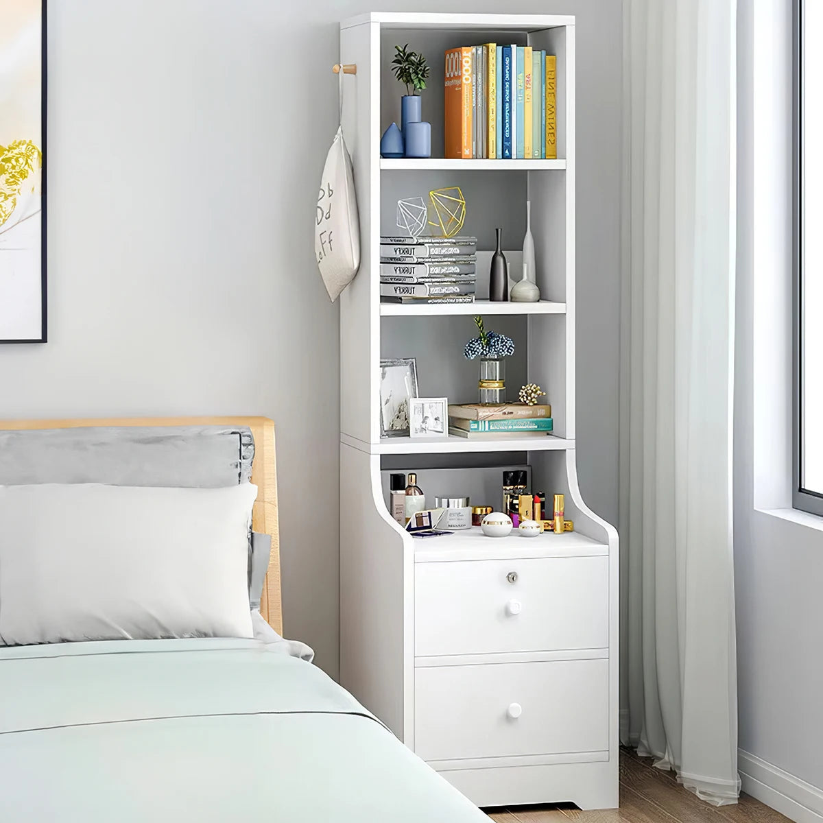 Slim White Storage Cabinet — 3-Tier Shelf & Lockable Drawer