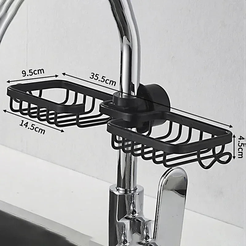 180° Rotating Aluminum Faucet Organizer Rack – Space-Saving Kitchen & Bathroom Storage