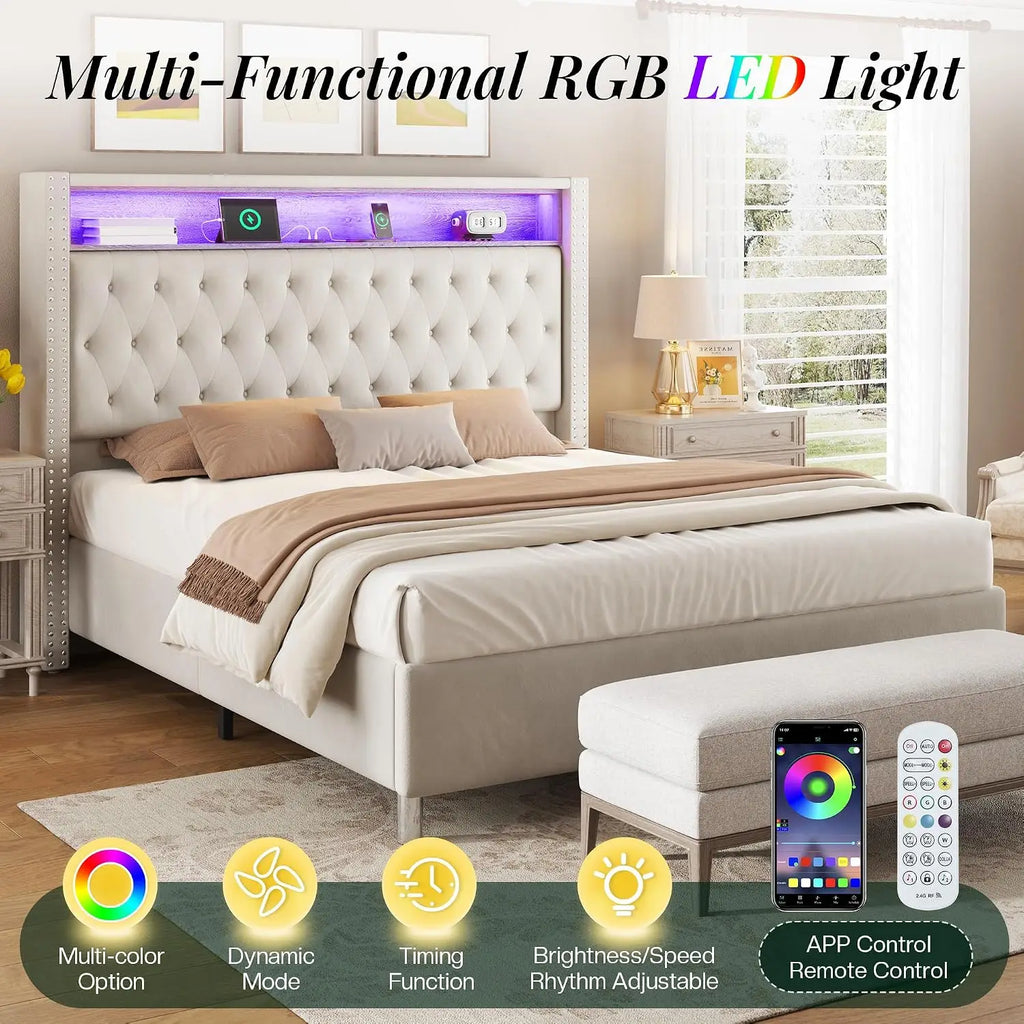 King Bed Frame with 53" Velvet Headboard, RGB LED & USB Charging Ports