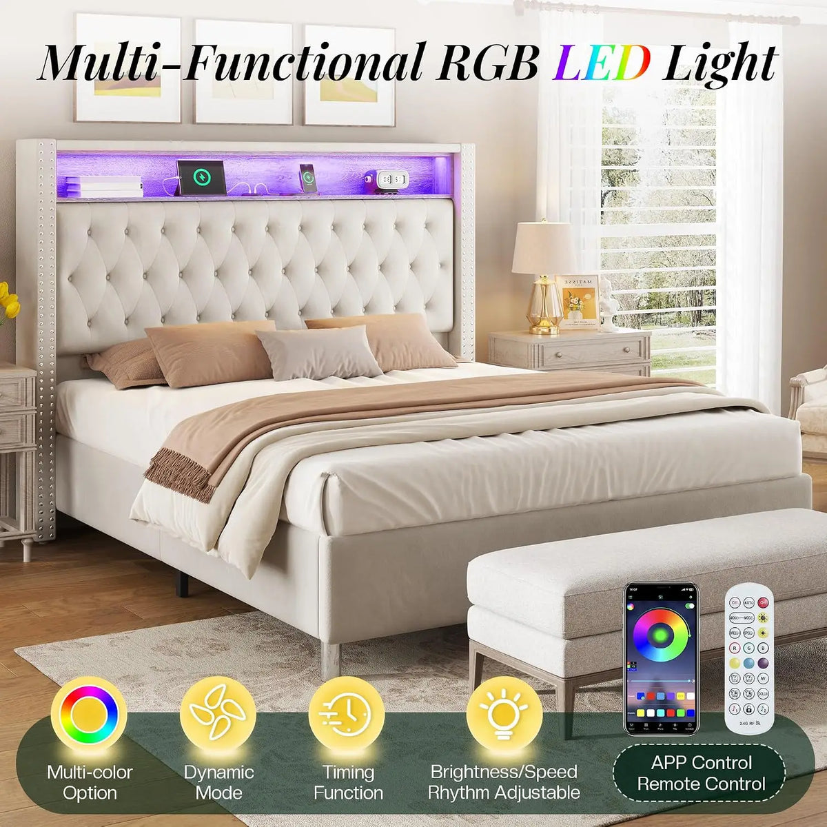 King Bed Frame with 53" Velvet Headboard, RGB LED & USB Charging Ports