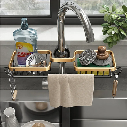 180° Rotating Aluminum Faucet Organizer Rack – Space-Saving Kitchen & Bathroom Storage