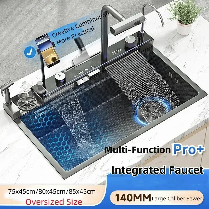 Luxury Multifunctional Waterfall Kitchen Sink – Nano-Coated Stainless Steel Workstation with Faucet