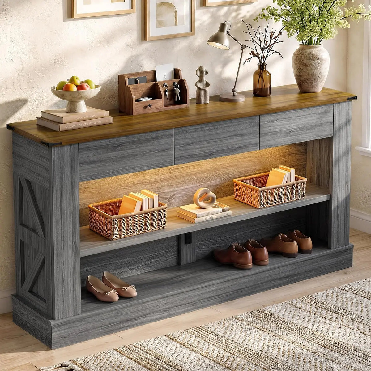 63" Walnut Console Table with 3 Drawers & LED Light