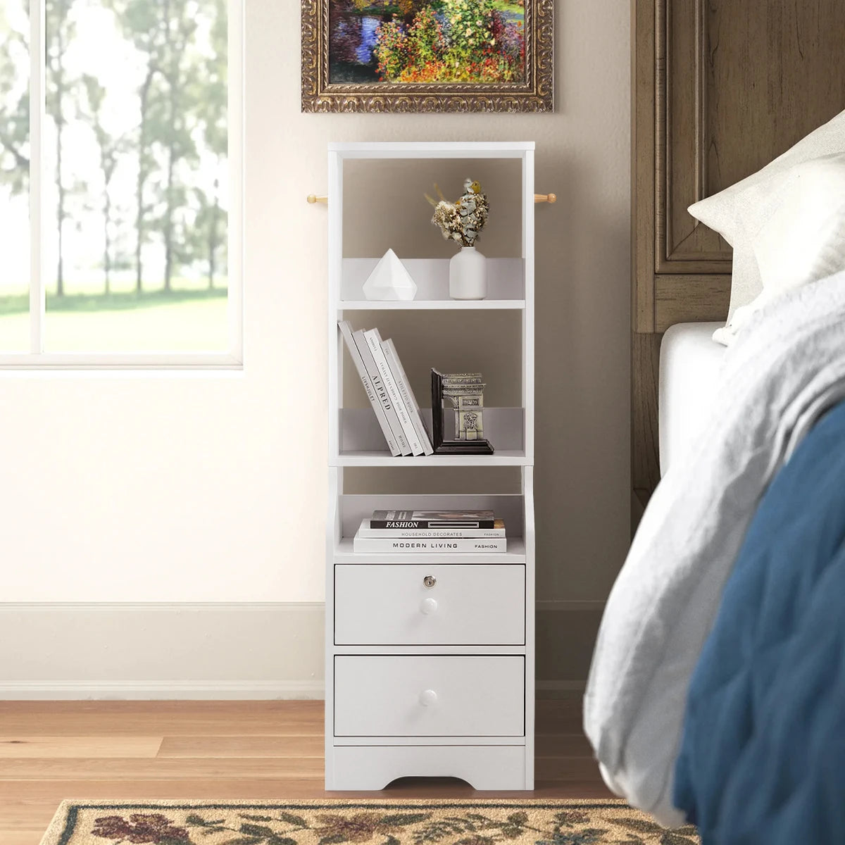 Slim White Storage Cabinet — 3-Tier Shelf & Lockable Drawer