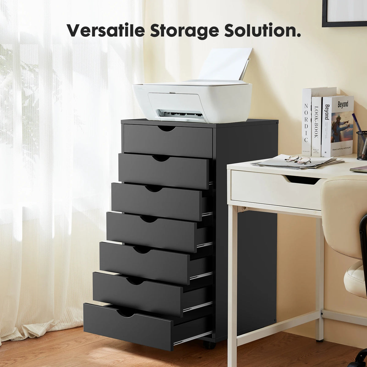 7-Drawer Storage Dresser on Wheels — Slim Wood Organizer Cabinet