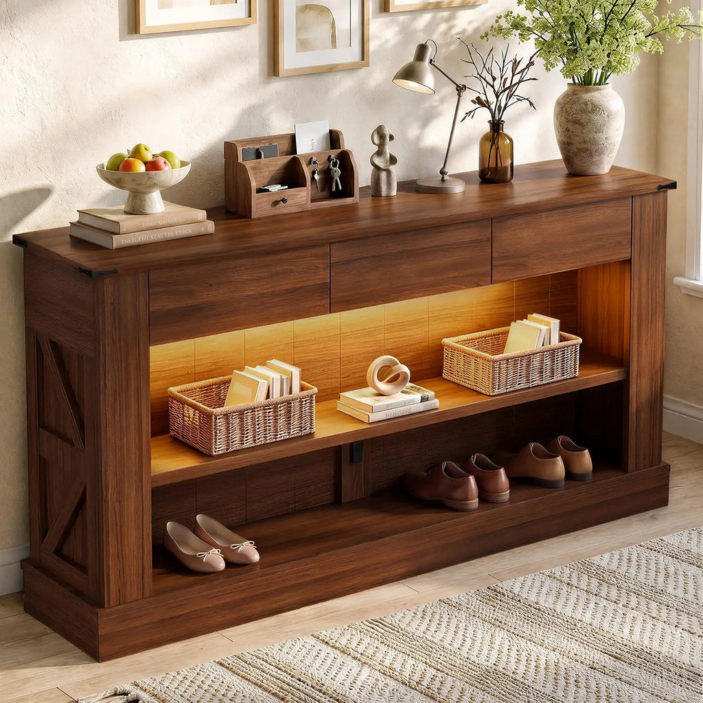 63" Walnut Console Table with 3 Drawers & LED Light