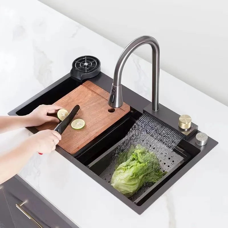 Luxury Honeycomb Nano 304 Stainless Steel Kitchen Sink – 3-Mode Pull-Out Faucet Workstation