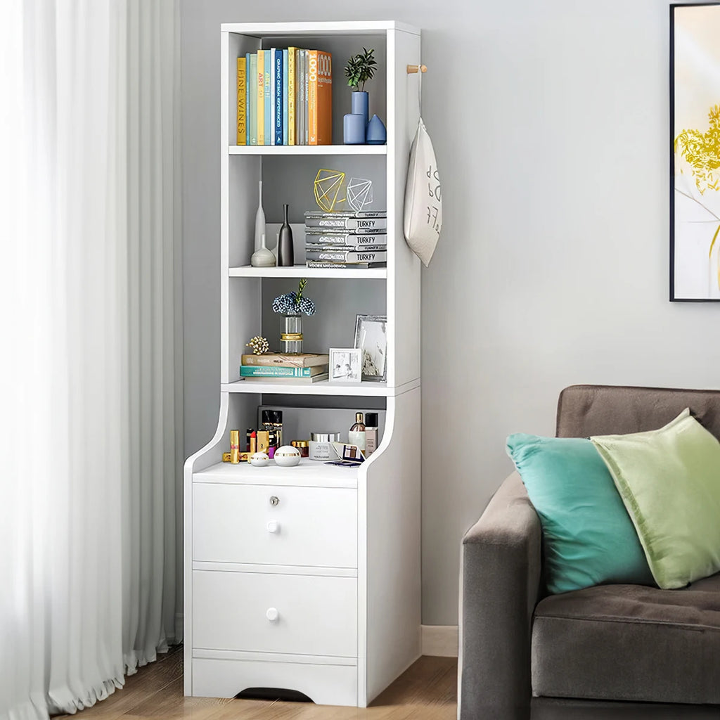 Slim White Storage Cabinet — 3-Tier Shelf & Lockable Drawer