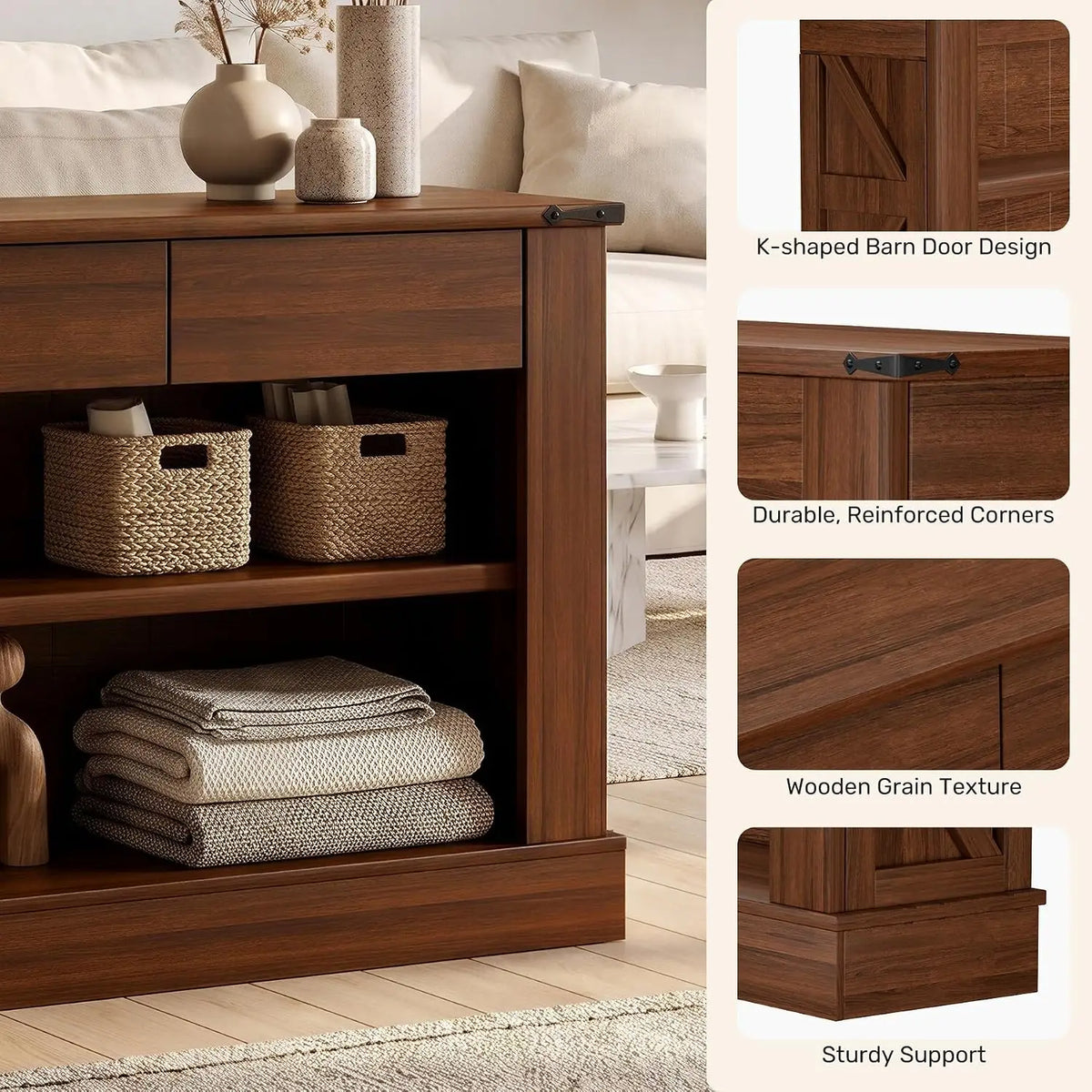 63" Walnut Console Table with 3 Drawers & LED Light