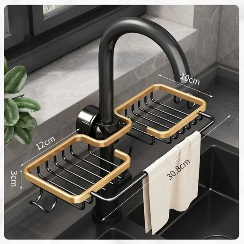 180° Rotating Aluminum Faucet Organizer Rack – Space-Saving Kitchen & Bathroom Storage