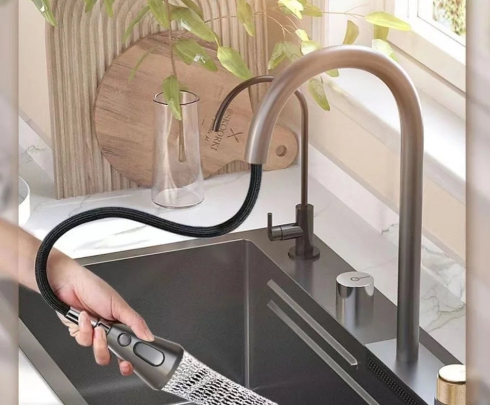 Luxury Honeycomb Nano 304 Stainless Steel Kitchen Sink – 3-Mode Pull-Out Faucet Workstation